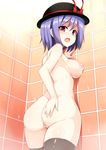  against_wall ass blush bow breasts censored grey_hair hat hat_bow large_breasts looking_at_viewer nagae_iku nipples nude ocha_(ochappie) open_mouth pink_eyes purple_hair pussy solo thighhighs tile_wall tiles touhou wet 