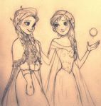  alternate_hairstyle anna_(frozen) cosplay costume_switch elsa_(frozen) frozen_(disney) hairstyle_switch monochrome multiple_girls nyamo siblings sisters 
