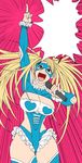  absurdres arm_up blank_speech_bubble blonde_hair blue_eyes blue_leotard breasts cai-man cleavage commentary_request emphasis_lines frills heart highres large_breasts leotard long_hair mask microphone open_mouth pointing pointing_up rainbow_mika solo speech_bubble street_fighter street_fighter_v thick_thighs thigh_gap thighs twintails wrestling_mask wrestling_outfit 