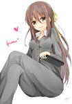  :d bad_id bad_pixiv_id bangs blush buttons character_name collared_shirt commentary_request crossed_legs formal from_below grey_hair hair_between_eyes hair_ribbon heart himouto!_umaru-chan kongou_kanau long_hair long_sleeves looking_at_viewer minari_(minari37) open_mouth pant_suit pants red_eyes ribbon shirt signature simple_background smile solo suit white_background 