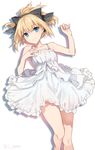  arm_up artist_name artoria_pendragon_(all) bad_id bad_twitter_id bare_legs bare_shoulders barefoot blonde_hair blue_eyes casual dress fate/stay_night fate/unlimited_codes fate_(series) hand_on_own_chest leg_up lying ponytail saber saber_lily shirako_miso sleeveless sleeveless_dress smile solo sundress white_dress 