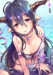  antenna_hair bikini black_hair breasts danua draph eyebrows eyebrows_visible_through_hair fuji_fujino granblue_fantasy hair_between_eyes horn_ornament horns jewelry large_breasts long_hair looking_at_viewer necklace open_mouth pointy_ears red_eyes sitting solo strap_gap strap_slip swimsuit water wet 