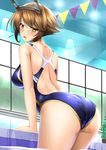  ass back backless_outfit bare_shoulders blush breasts brown_eyes brown_hair competition_swimsuit from_behind hairband headgear kantai_collection large_breasts looking_at_viewer looking_back mutsu_(kantai_collection) one-piece_swimsuit shibata_rai short_hair solo swimsuit wet 