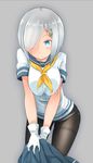  blue_eyes breasts comah gloves hair_over_one_eye hamakaze_(kantai_collection) kantai_collection large_breasts panties panties_under_pantyhose pantyhose school_uniform serafuku short_sleeves silver_hair skirt skirt_removed solo thighband_pantyhose underwear white_panties 