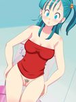  bare_shoulders bathroom blue_eyes blush bottomless breasts bulma censored dragon_ball engawa_suguru female gradient gradient_background green_hair highres large_breasts legs long_hair looking_at_viewer pubic_hair pussy side_ponytail solo standing strapless thighs toilet top 