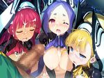  1boy 3girls blonde_hair blue_eyes blue_hair blush breasts character_request cum facial game_cg harem hime_eyebrows large_breasts long_hair multiple_girls nipples oral pink_eyes rance_(series) red_hair 