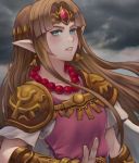  1girl blonde_hair blue_eyes cloud dress earrings gown jewelry kaejunni long_hair looking_at_viewer nintendo pointy_ears princess_zelda smile solo super_smash_bros. super_smash_bros._ultimate the_legend_of_zelda the_legend_of_zelda:_a_link_between_worlds tiara triforce 