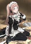  blue_eyes brown_hair daniel_macgregor dish felicia_(fire_emblem_if) finger_in_mouth fire_emblem fire_emblem_if food food_on_clothes fork fruit long_hair maid maid_headdress md5_mismatch ponytail solo strawberry thighhighs tray 