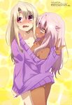  absurdres ass blonde_hair blush brown_eyes butt_crack chloe_von_einzbern dark_skin fate/kaleid_liner_prisma_illya fate_(series) grin highres illyasviel_von_einzbern megami multiple_girls naked_sweater non-web_source official_art pink_hair purple_sweater red_eyes shared_clothes shared_sweater smile sweater teeth topless ushijima_nozomi v wavy_mouth yuri 