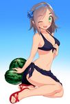  ;d alternate_costume bangs bare_legs bikini bikini_pull black_bikini blew_andwhite blush breasts cleavage fang feet food front-tie_top fruit full_body green_eyes grey_hair groin hair_ornament hairband hairclip hand_on_own_chest highres kantai_collection kuroshio_(kantai_collection) legs_together medium_breasts navel one_eye_closed open_mouth parted_bangs pulled_by_self purple_bikini red_footwear sandals sarong shoes short_hair simple_background sitting smile solo swimsuit tan tanline toes watermelon white_background yokozuwari 