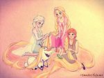  absurdly_long_hair anna_(frozen) barefoot blonde_hair blush braid braiding_hair closed_eyes dress elsa_(frozen) frozen_(disney) grin hairdressing long_hair multiple_girls nyamo olaf_(frozen) open_mouth platinum_blonde_hair rapunzel_(disney) red_hair sitting smile stool tangled very_long_hair 