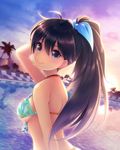  bikini_top black_hair blue_eyes breasts byuune ganaha_hibiki idolmaster idolmaster_(classic) long_hair medium_breasts ponytail smile solo 