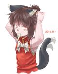  adjusting_hair animal_ears armpits bow brown_eyes brown_hair cat_ears cat_tail chen dated earrings hair_tie highres jewelry kabu_(yuyuibob) looking_at_viewer mouth_hold multiple_tails solo tail touhou tying_hair 