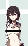  arms_behind_back bad_id bad_pixiv_id bar_censor black_hair black_skirt breasts censored collar dalgtalyeong earrings grey_background gym_shirt hayasui_(kantai_collection) heart heart-shaped_lock heart_earrings heart_lock_(kantai_collection) jacket jewelry kantai_collection long_sleeves looking_at_viewer medium_breasts navel open_clothes open_jacket shirt shirt_lift short_hair silver_eyes simple_background skirt solo sweat track_jacket upper_body white_background 