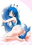  1girl areola_slip areolae ass barefoot blue_hair blush breast_press breast_slip breasts dolphin feet green_eyes highres hug huge_ass huge_breasts long_hair looking_at_viewer looking_back nipples oobashin simple_background swimsuit 