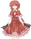  :o cape capelet cowboy_shot frilled_skirt frills highres jubctybn long_sleeves okazaki_yumemi open_mouth ponytail red_capelet red_eyes red_hair ribbon short_hair simple_background skirt skirt_set solo standing touhou touhou_(pc-98) vest white_background 