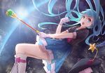  aqua_eyes aqua_hair baton blue_dress boots byakuya_reki cross-laced_footwear dress eclipse hatsune_miku knee_boots lace-up_boots long_hair looking_at_viewer magical_mirai_(vocaloid) open_mouth planet puffy_short_sleeves puffy_sleeves shirt short_sleeves smile solo space twintails very_long_hair vocaloid white_footwear 