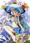  barefoot bird blue_eyes blue_hair cure_mermaid go!_princess_precure hat highres kaidou_minami long_hair midriff navel precure smile solo sun_hat yuutarou_(fukiiincho) 