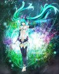  anklet barefoot blue_eyes blue_hair bridal_gauntlets hatsune_miku hatsune_miku_(append) jewelry long_hair midriff multicolored multicolored_background navel necktie solo thighhighs toeless_legwear twintails vocaloid vocaloid_append yytru 
