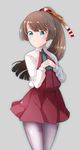  blouse blue_eyes brown_hair brown_legwear collared_shirt comah cowboy_shot dress grey_background hair_ribbon hands_on_own_chest high_ponytail kantai_collection kazagumo_(kantai_collection) long_hair necktie pantyhose ponytail purple_dress ribbon school_uniform shirt silver_eyes simple_background solo 