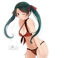  ;p bikini black_hair breasts cleavage green_eyes halter_top halterneck highres kantai_collection medium_breasts mikuma_(kantai_collection) one_eye_closed red_bikini solo swimsuit tebi_(tbd11) tongue tongue_out twintails 