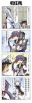  1boy 2girls 4koma akebono_(kantai_collection) angry bell comic commentary_request dress flower hair_bell hair_flower hair_ornament hand_on_another's_head hand_on_hip hat highres jingle_bell kantai_collection little_boy_admiral_(kantai_collection) multiple_girls murakumo_(kantai_collection) necktie oversized_clothes rappa_(rappaya) sailor_dress scared shitty_admiral_(phrase) side_ponytail surprised tears translated turret 