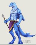  anthro blue_eyes cetacean clothed clothing digitigrade dolphin grey_background half-dressed male mammal marine melee_weapon muscles polearm rotarr simple_background solo spear tattoo topless weapon 