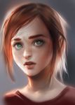  brown_hair ellie_(the_last_of_us) gradient gradient_background green_eyes lips long_hair naughty_dog nose realistic sakimichan short_hair solo the_last_of_us 