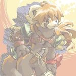  backpack bottomless breasts clothed clothing dagger female fuziwa hair half-dressed knife mammal melee_weapon partially_clothed ponytail red_panda ribbons weapon 