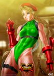  absurdres antenna_hair beret blonde_hair blue_eyes braid breasts cammy_white clenched_hand copyright_name cowboy_shot fingerless_gloves ggg_(gonzalogallianoniz) gloves harness hat highleg highleg_leotard highres holster leotard lips long_hair muscle nose scar solo street_fighter street_fighter_v thigh_holster thong_leotard twin_braids watermark web_address 