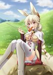  7nanappe animal_ears blonde_hair braid breasts bunny_ears carrot cleavage extra_ears food food_in_mouth hair_ornament highres large_breasts long_hair looking_at_viewer nachetanya_loei_piena_augustra nature open_mouth panties pantyshot red_eyes rokka_no_yuusha single_braid solo thighhighs underwear 
