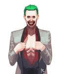  1boy batman_(series) dc_comics dccu green_eyes green_hair male_focus open_shirt shirt simple_background smile solo suicide_squad the_joker 