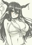  bikini breasts cleavage crescent danua draph front-tie_bikini front-tie_top granblue_fantasy hair_between_eyes horn_ornament horns huge_breasts jewelry long_hair midriff monochrome navel necklace pas_(paxiti) pointy_ears sketch solo strap_gap swimsuit underboob 