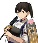  ashiwara_yuu brown_eyes brown_hair flight_deck gloves japanese_clothes kaga_(kantai_collection) kaga_cape kantai_collection looking_at_viewer microphone muneate official_style open_mouth partly_fingerless_gloves shibafu_(glock23)_(style) short_hair side_ponytail single_glove solo tasuki yugake 