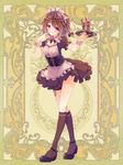  brown_hair chocolate dagger dennryuurai finger_to_mouth food frills glass green_background ice_cream leg_belt looking_at_viewer maid maid_headdress parfait patterned_background psychic_hearts purple_eyes purple_footwear purple_legwear ribbon shoes short_hair skirt smile socks solo tray waitress weapon whipped_cream white_background wrist_cuffs yellow_background 