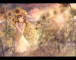  brown_eyes brown_hair dress flower hat long_hair original shouin solo sun_hat sundress sunflower 