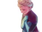  a-ka artist_name blonde_hair blue_gloves blush cape closed_eyes elbow_gloves elsa_(frozen) frozen_(disney) gloves hands_on_own_chest purple_cape self_hug short_hair simple_background solo upper_body watermark web_address white_background 