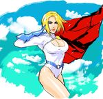  1girl belt blonde_hair breasts cape cleavage cleavage_cutout cutout dc_comics flying gloves kryptonian leotard power_girl red_cape sky solo 