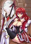  1girl armor armored_dress black_legwear breasts cleavage detached_collar dress dunamis elbow_gloves elesis elesis_(elsword) elsword gloves huge_weapon large_breasts miniskirt neckerchief necktie red_hair sideboob sitting skirt smile sword thighhighs weapon white_skirt 