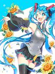  blue_eyes blue_hair detached_sleeves flower hatsune_miku headset highres long_hair necktie one_eye_closed outstretched_arm skirt solanikieru solo thighhighs twintails very_long_hair vocaloid 