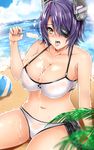  bad_id bad_pixiv_id ball beach beachball bikini blue_sky blush breasts brown_eyes cleavage cloud collarbone day eyepatch food headgear inu_(marukome) kantai_collection large_breasts navel ocean outdoors popsicle purple_hair sexually_suggestive sky solo spilling suggestive_fluid sweat swimsuit tenryuu_(kantai_collection) white_bikini 