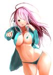  blush breasts cleavage commentary_request headphones large_breasts long_hair looking_at_viewer midriff navel nitroplus no_bra one_eye_closed panties pink_hair pointing pointing_at_viewer ran_p red_eyes sketch smile solo super_sonico underwear 