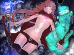  body_writing breasts brown_hair cape empty_eyes highres jewelry long_hair pixiv_fantasia pixiv_fantasia_t small_breasts solo staff stregoicavar underboob 