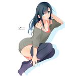  alternate_costume aqua_eyes asashio_(kantai_collection) black_hair black_legwear collarbone dress hand_on_leg highres kantai_collection long_hair looking_at_viewer lying on_side pouty_lips solo sweater sweater_dress tebi_(tbd11) thighhighs thighs 