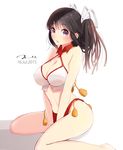  alternate_hairstyle bangs bare_arms bikini black_hair breasts cleavage eyebrows_visible_through_hair from_side hair_up halterneck highres hiyou_(kantai_collection) kantai_collection large_breasts looking_at_viewer looking_to_the_side magatama purple_eyes red_bikini sitting solo strap_gap swimsuit tebi_(tbd11) twintails wariza 