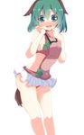  adapted_costume animal_ears aoi_(annbi) bare_legs blush breasts commentary_request dog_ears dog_tail full-face_blush green_eyes green_hair hands_on_own_face highres kasodani_kyouko looking_at_viewer medium_breasts microskirt revealing_clothes short_hair side_cutout sideboob simple_background skirt solo sweat tail touhou wavy_mouth white_background 