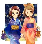  brown_eyes brown_hair glasses high_ponytail holding_hands japanese_clothes kimono kinchaku kodama_fumika looking_at_viewer misora_inaho multiple_girls neko_ni_chikyuu open_mouth pouch purple_eyes short_hair summer_festival youkai_watch youkai_watch_3 yukata 