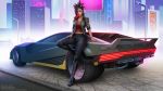  1girl animal_ears black_hair braid car cat_ears cat_tail city commission cropped_jacket crossover cyberpunk_2077 facial_mark final_fantasy final_fantasy_xiv green_eyes ground_vehicle high_collar jacket leaning_back lips looking_at_viewer marie_makise maxim_domikov midriff miqo&#039;te motor_vehicle multicolored_hair navel open_clothes open_jacket pants patreon_username short_hair short_sleeves smile solo tail tank_top tight tight_pants two-tone_hair watermark web_address whisker_markings 