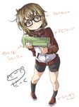  alternate_costume artist_name bike_shorts brown_eyes brown_hair commentary_request darkside folded_ponytail glasses inazuma_(kantai_collection) jacket kantai_collection looking_at_viewer short_hair shorts smile solo splatoon_(series) splatoon_1 splattershot_jr_(splatoon) track_jacket translated water_gun 