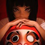  bangs black_hair blue_eyes blunt_bangs chromatic_aberration commentary daruma_doll face ilya_kuvshinov looking_at_viewer original solo upper_body 